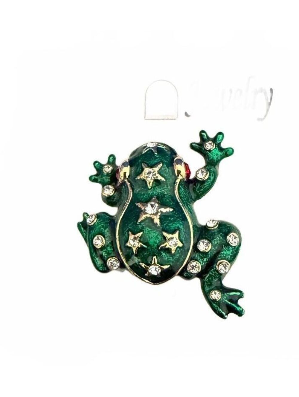 Green Enamel Frog Brooch with Rhinestone Accents